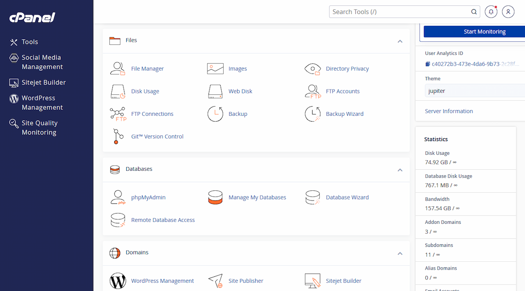 cPanel Website Management Interface